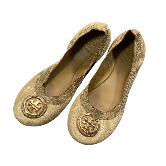 Tory Burch Shoes - Tory Burch Gold Dusted Caroline Leather Flats - 8